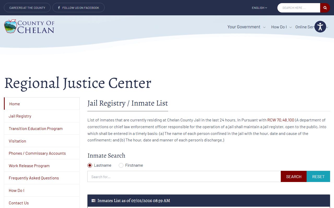 Douglas County inmate roster search fields on the Chelan County jail registry