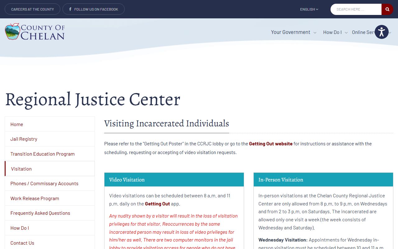 Chelan County Regional Justice Center visitation rules and appointment information