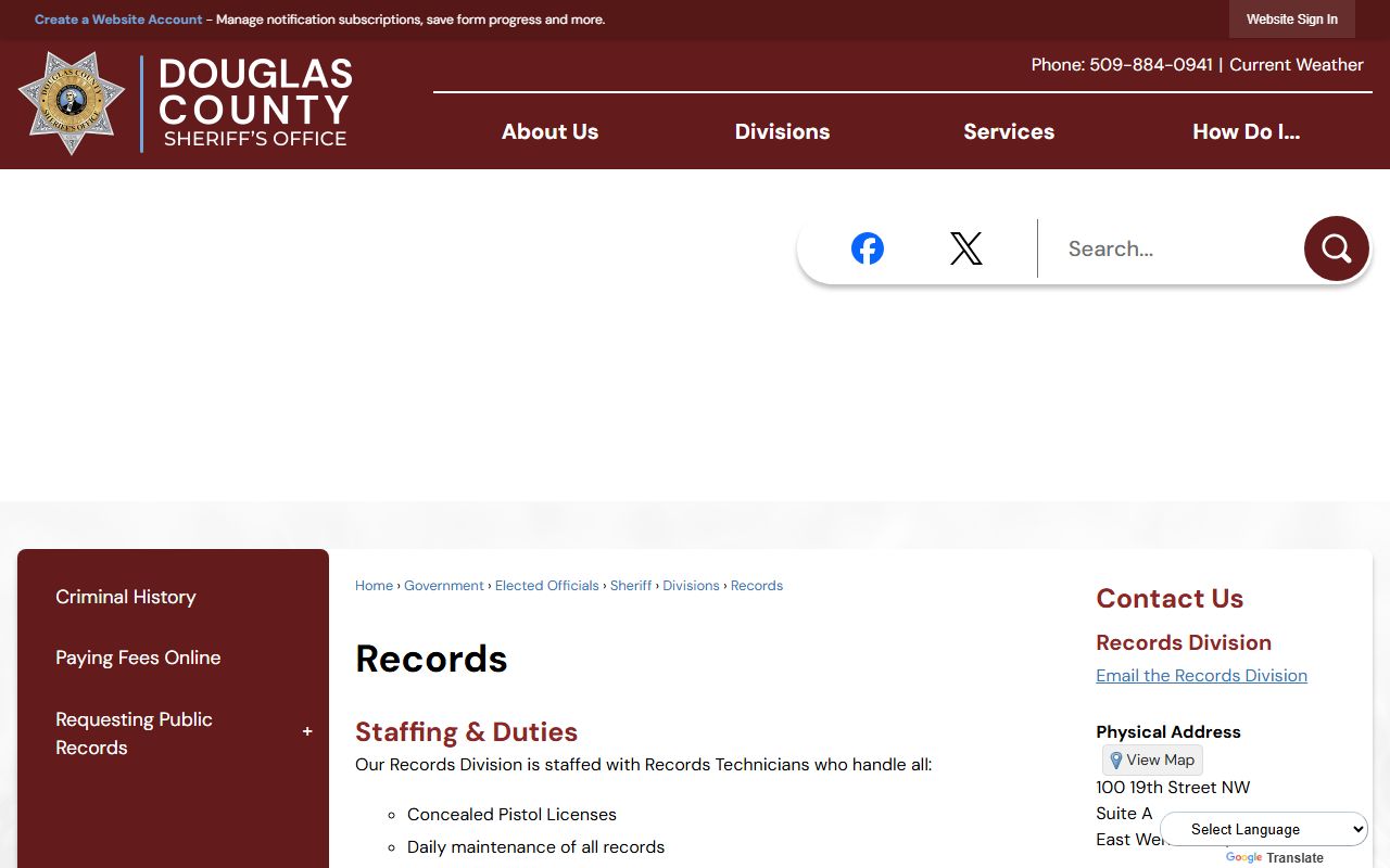 Douglas County Sheriff's Records Division contact page for records requests