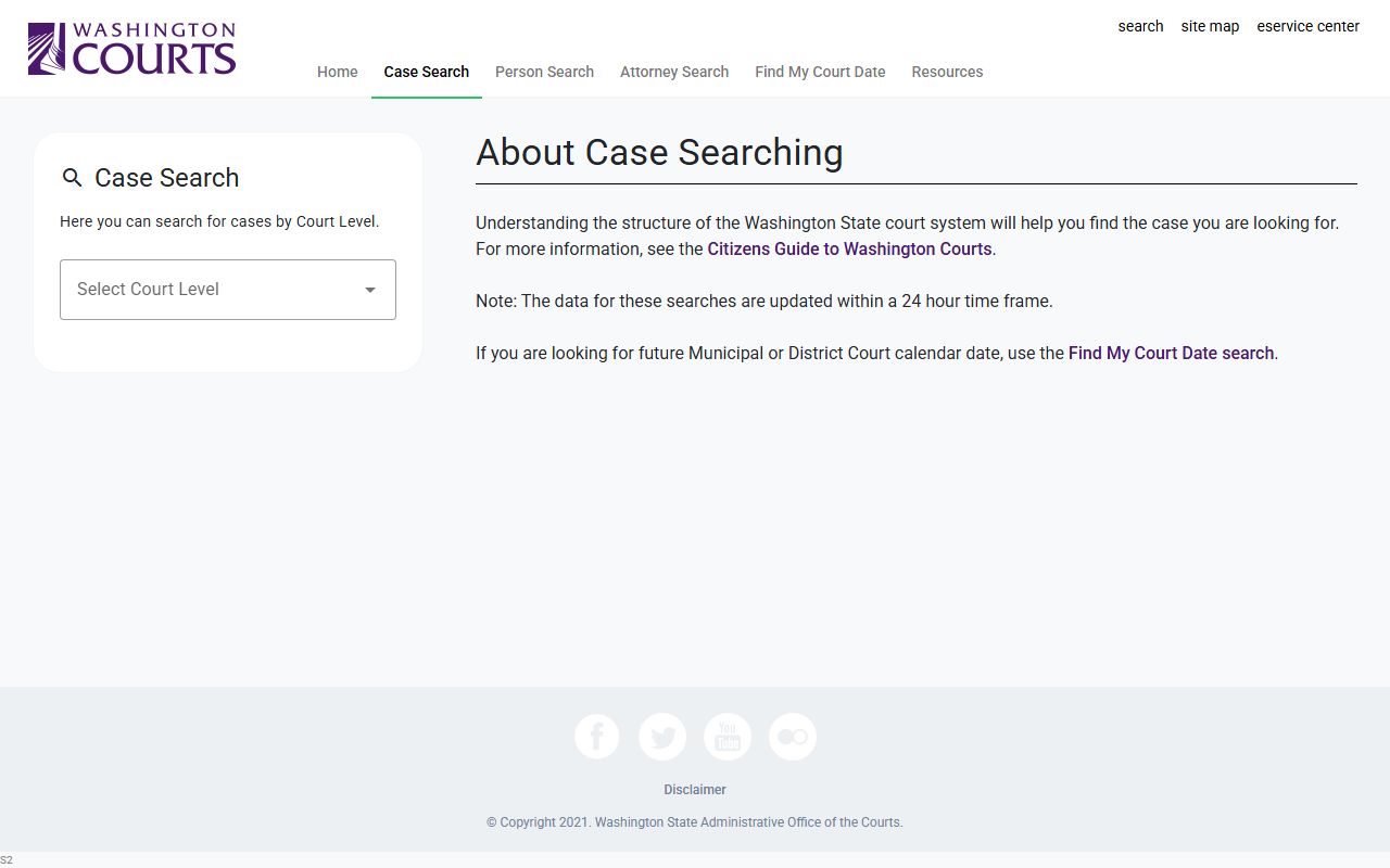 Washington Courts case search form with Douglas County court filters