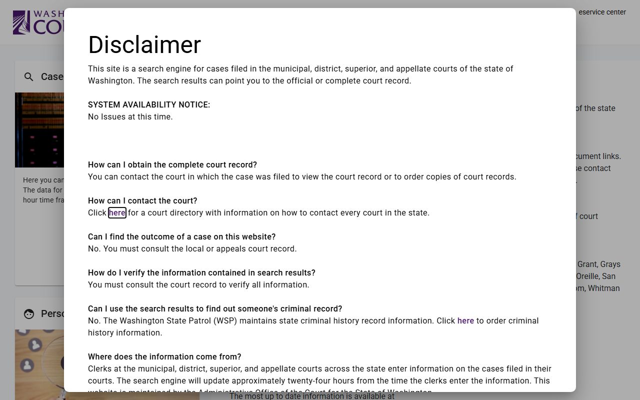 Washington Courts Find My Court Date search page for court records after arrest